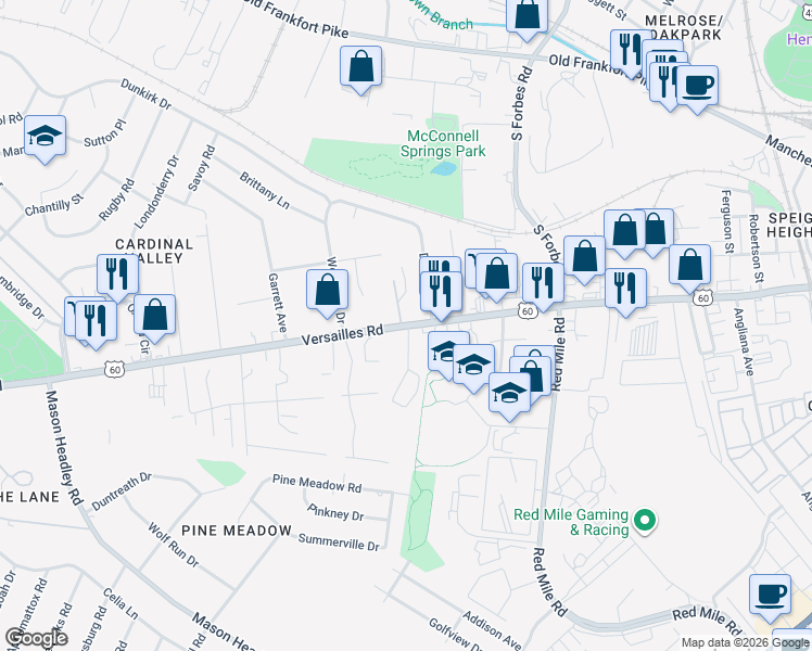 map of restaurants, bars, coffee shops, grocery stores, and more near 1511 Versailles Road in Lexington