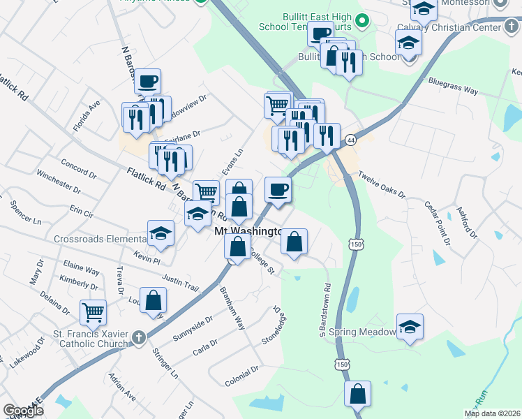 map of restaurants, bars, coffee shops, grocery stores, and more near in Mount Washington