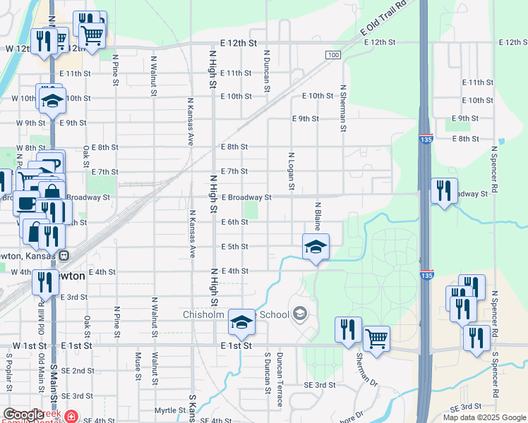 map of restaurants, bars, coffee shops, grocery stores, and more near 600-616 North Duncan Street in Newton