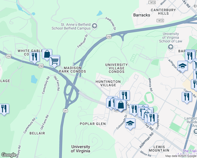 map of restaurants, bars, coffee shops, grocery stores, and more near 311 Harvest Drive in Charlottesville