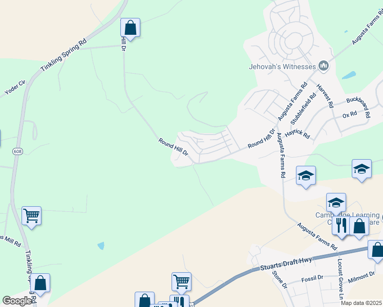 map of restaurants, bars, coffee shops, grocery stores, and more near 312 Round Hill Drive in Stuarts Draft