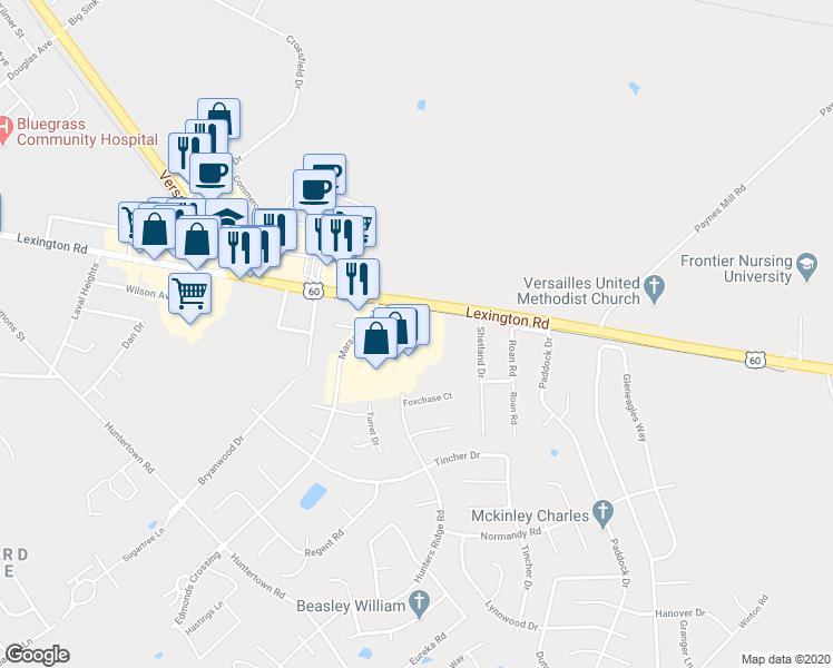 map of restaurants, bars, coffee shops, grocery stores, and more near 525 Marsailles Road in Versailles