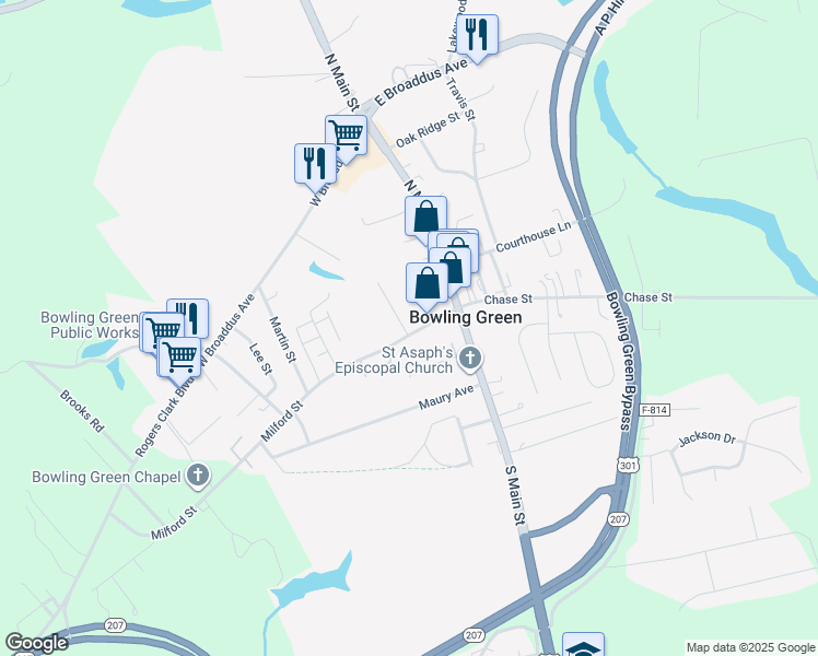 map of restaurants, bars, coffee shops, grocery stores, and more near 123 Milford Street in Bowling Green