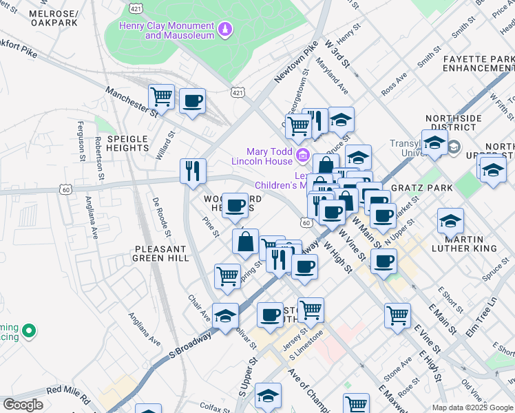 map of restaurants, bars, coffee shops, grocery stores, and more near 328 Merino Street in Lexington