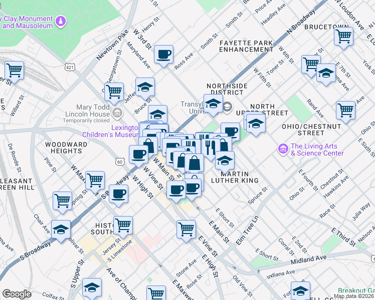 map of restaurants, bars, coffee shops, grocery stores, and more near 174 North Mill Street in Lexington