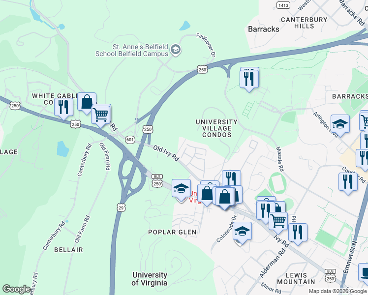map of restaurants, bars, coffee shops, grocery stores, and more near 313 Harvest Drive in Charlottesville
