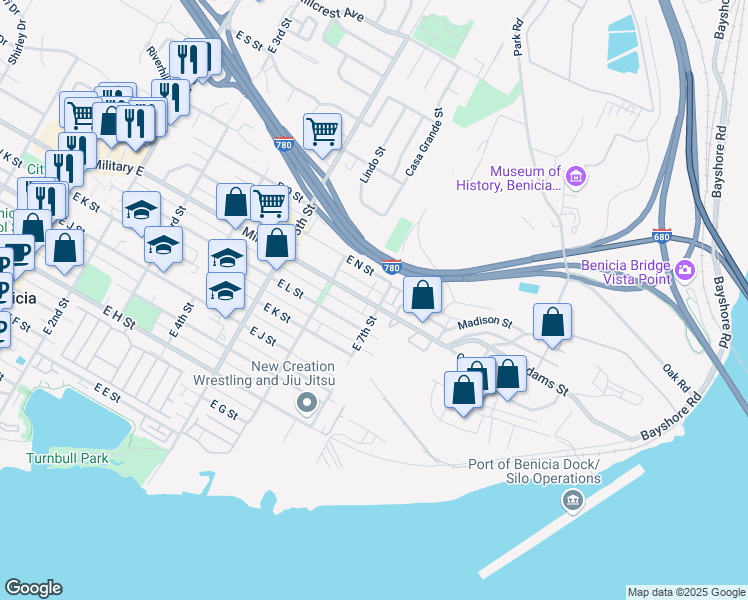 map of restaurants, bars, coffee shops, grocery stores, and more near 693 Military East in Benicia