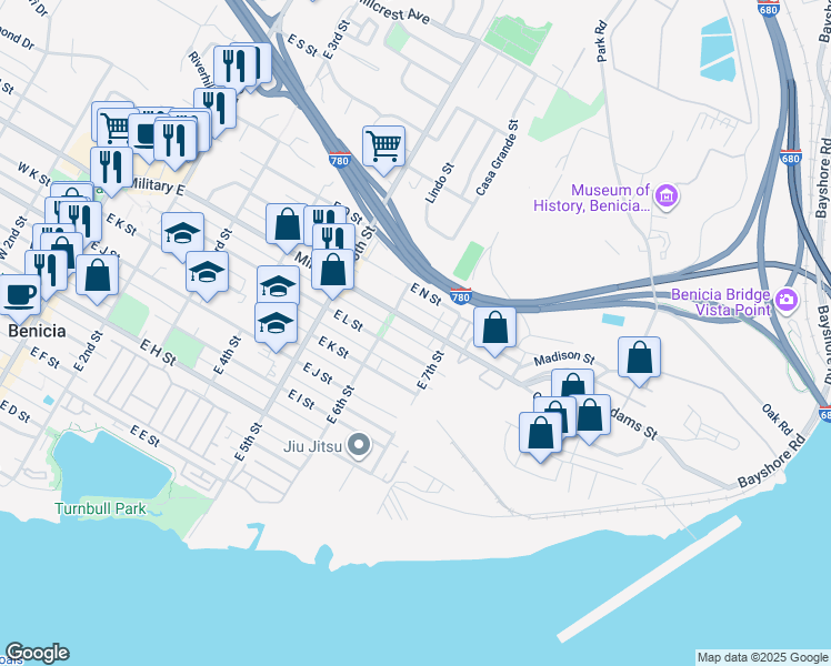 map of restaurants, bars, coffee shops, grocery stores, and more near 690 Military East in Benicia