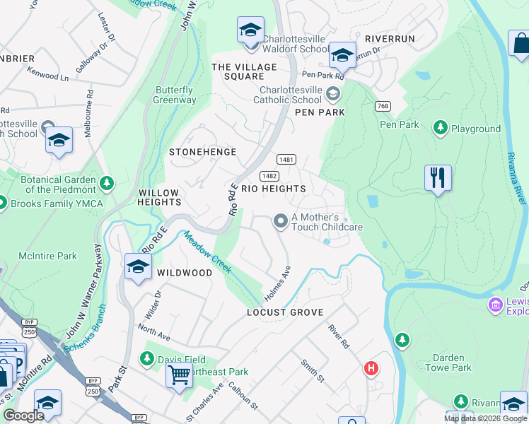 map of restaurants, bars, coffee shops, grocery stores, and more near 1237 Holmes Avenue in Charlottesville