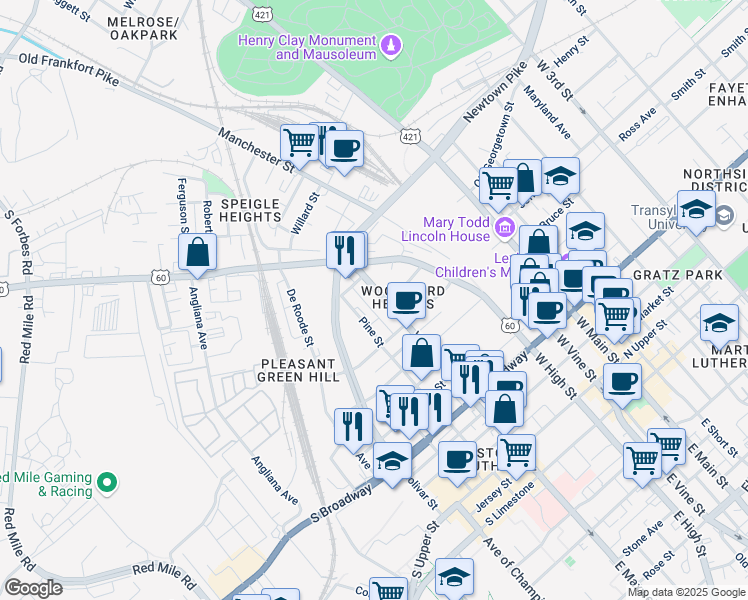 map of restaurants, bars, coffee shops, grocery stores, and more near in Lexington