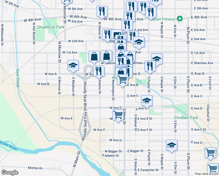 map of restaurants, bars, coffee shops, grocery stores, and more near 201-225 South Washington Street in Hutchinson