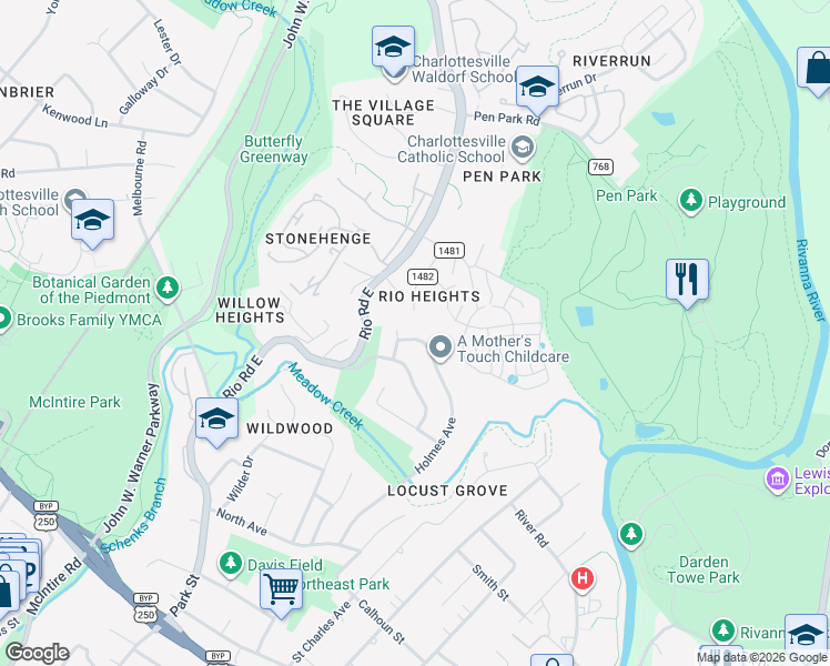 map of restaurants, bars, coffee shops, grocery stores, and more near 1237 Holmes Avenue in Charlottesville