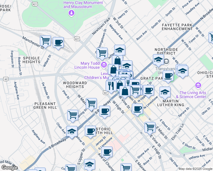 map of restaurants, bars, coffee shops, grocery stores, and more near 430 West Vine Street in Lexington