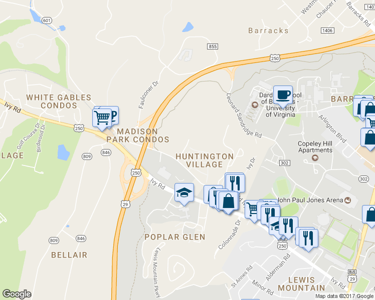 map of restaurants, bars, coffee shops, grocery stores, and more near 309 Harvest Drive in Charlottesville