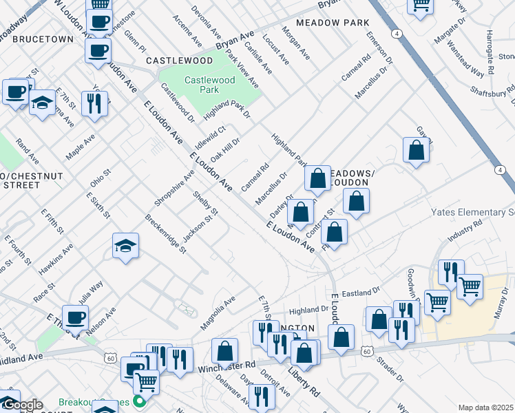 map of restaurants, bars, coffee shops, grocery stores, and more near 667 East Loudon Avenue in Lexington