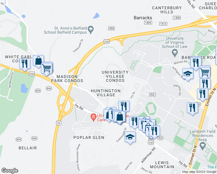 map of restaurants, bars, coffee shops, grocery stores, and more near 218 Harvest Drive in Charlottesville