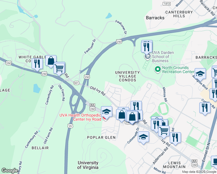 map of restaurants, bars, coffee shops, grocery stores, and more near 309 Harvest Drive in Charlottesville