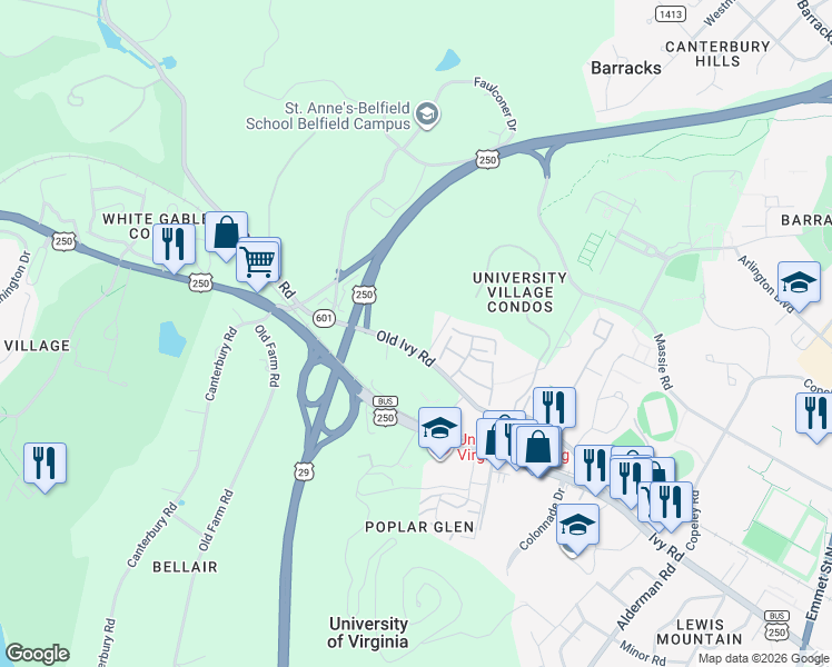 map of restaurants, bars, coffee shops, grocery stores, and more near 8005 Russell Road in Charlottesville