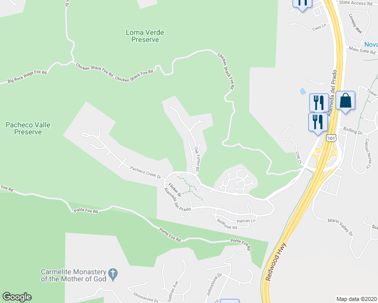 map of restaurants, bars, coffee shops, grocery stores, and more near 101 Paper Mill Creek Court in Novato