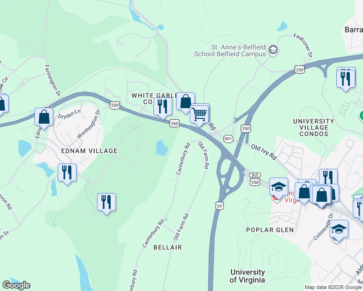 map of restaurants, bars, coffee shops, grocery stores, and more near 6 Canterbury Rd in Charlottesville