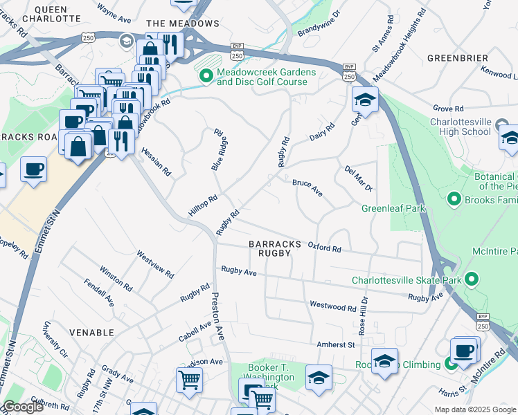 map of restaurants, bars, coffee shops, grocery stores, and more near 1314 Rugby Road in Charlottesville
