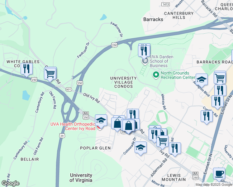 map of restaurants, bars, coffee shops, grocery stores, and more near 218 Harvest Drive in Charlottesville