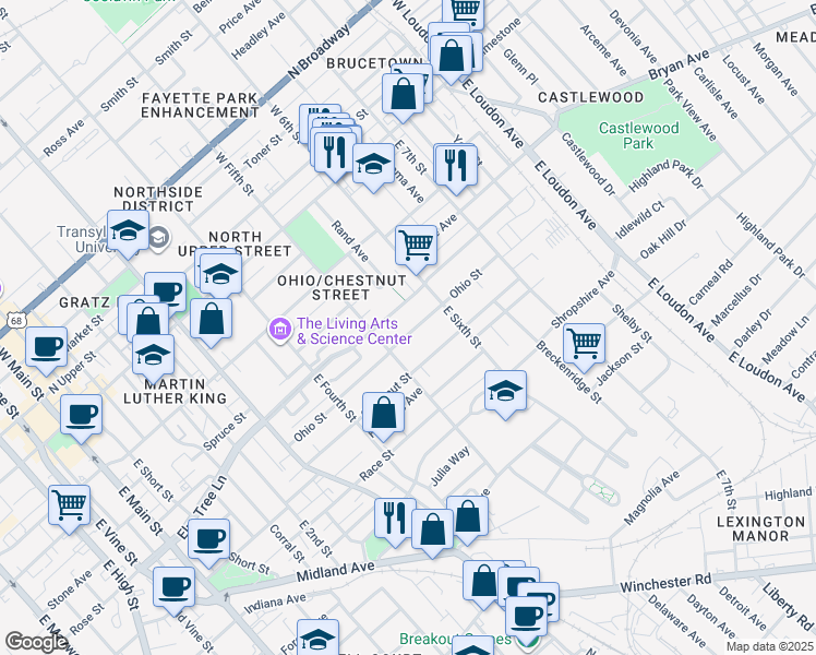 map of restaurants, bars, coffee shops, grocery stores, and more near 525 Ohio Street in Lexington