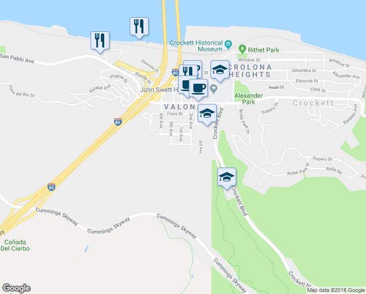 map of restaurants, bars, coffee shops, grocery stores, and more near 1335 Rose Street in Crockett