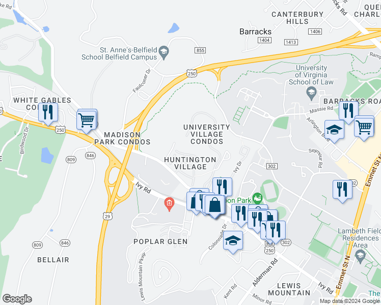 map of restaurants, bars, coffee shops, grocery stores, and more near 221 Harvest Drive in Charlottesville