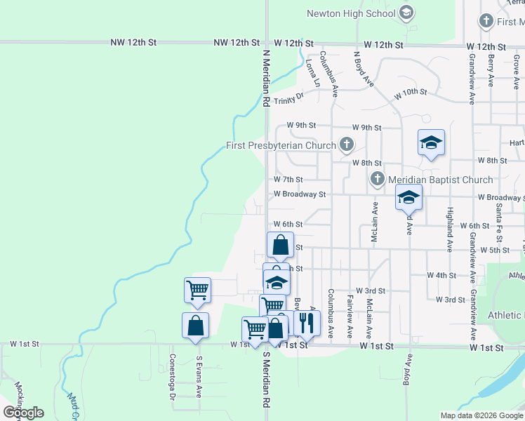 map of restaurants, bars, coffee shops, grocery stores, and more near 613 North Meridian Road in Newton