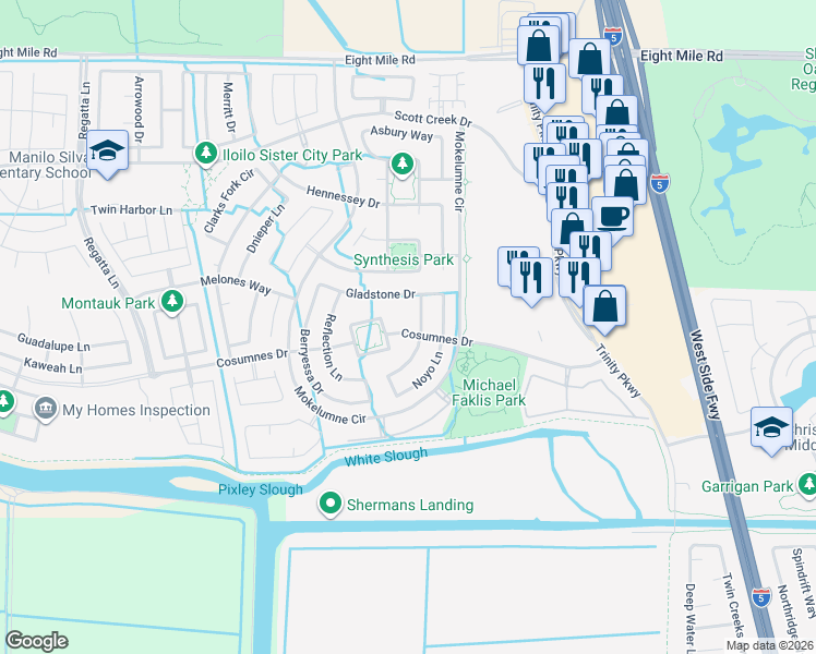 map of restaurants, bars, coffee shops, grocery stores, and more near 5382 Cosumnes Drive in Stockton