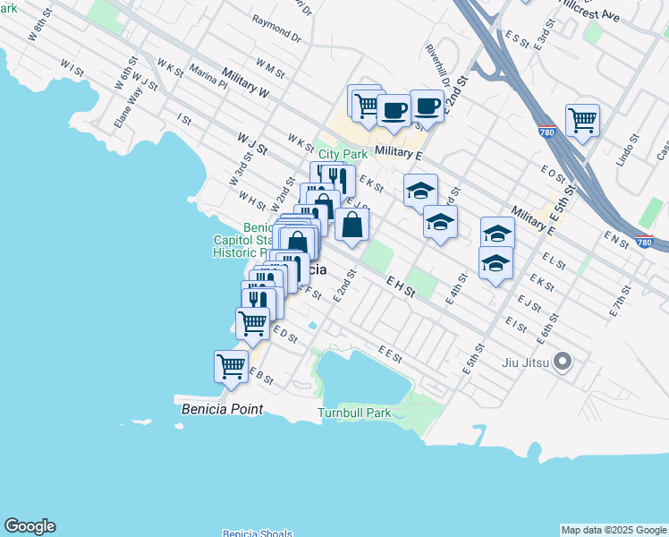 map of restaurants, bars, coffee shops, grocery stores, and more near 182 East G Street in Benicia