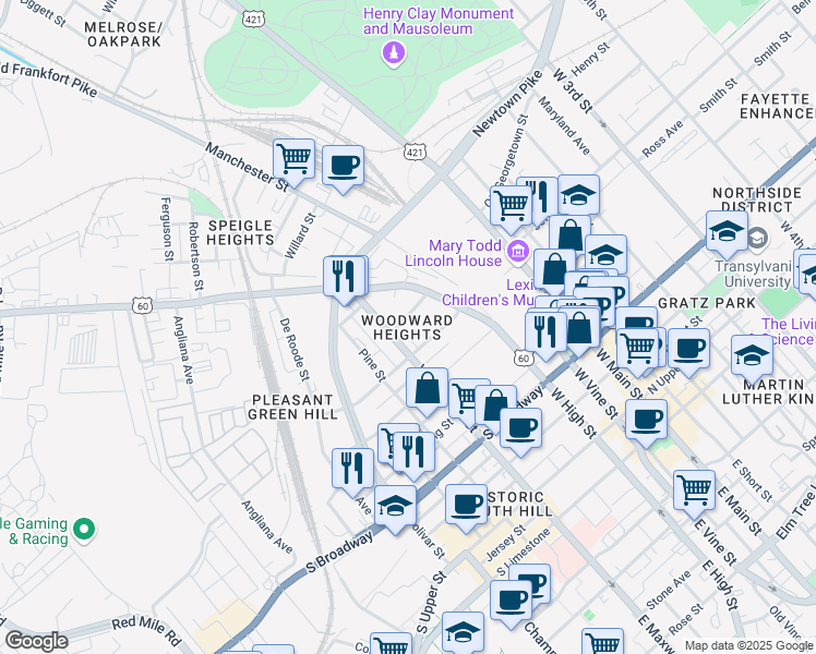 map of restaurants, bars, coffee shops, grocery stores, and more near 365 Merino Street in Lexington