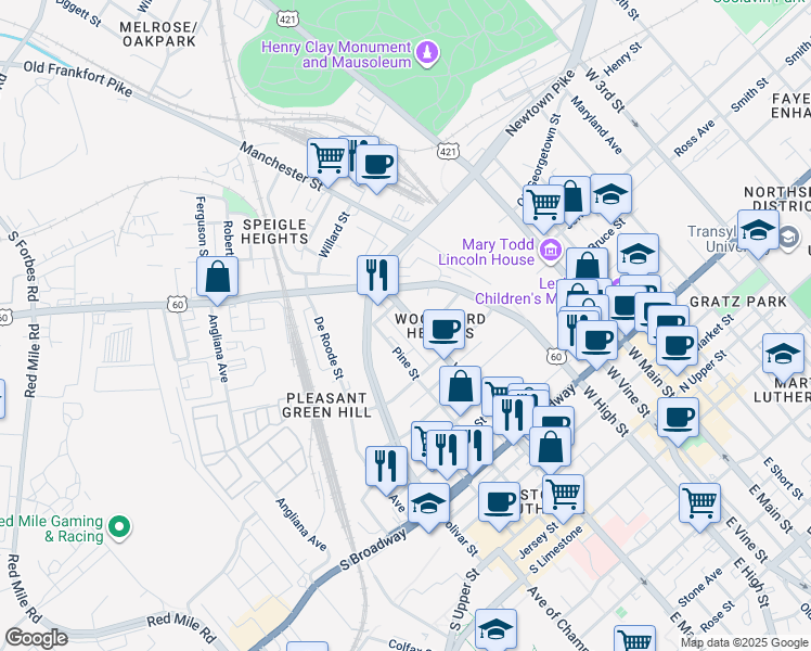 map of restaurants, bars, coffee shops, grocery stores, and more near in Lexington