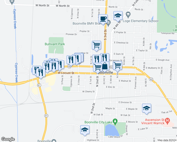 map of restaurants, bars, coffee shops, grocery stores, and more near 300-398 Highway 61 in Boonville