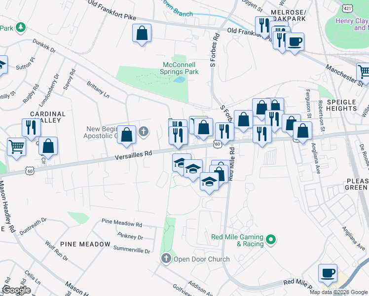 map of restaurants, bars, coffee shops, grocery stores, and more near 1424 Versailles Road in Lexington