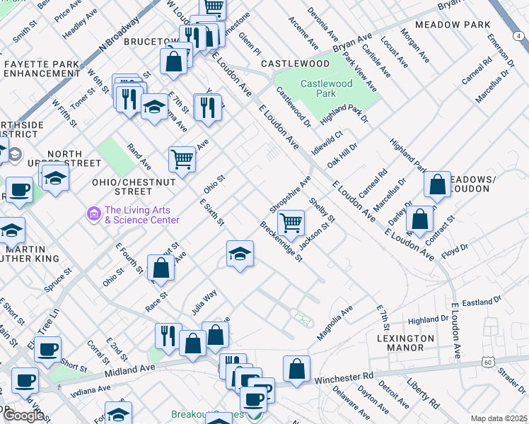 map of restaurants, bars, coffee shops, grocery stores, and more near 663 Shropshire Avenue in Lexington
