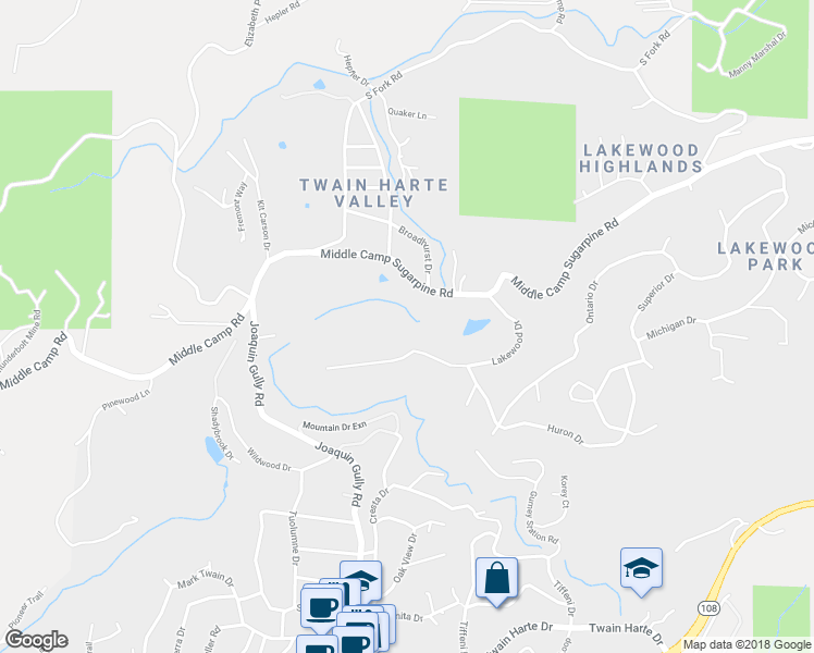 map of restaurants, bars, coffee shops, grocery stores, and more near 23422 Lakewood Drive in Twain Harte