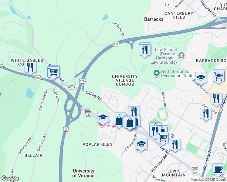 map of restaurants, bars, coffee shops, grocery stores, and more near 224 Harvest Drive in Charlottesville