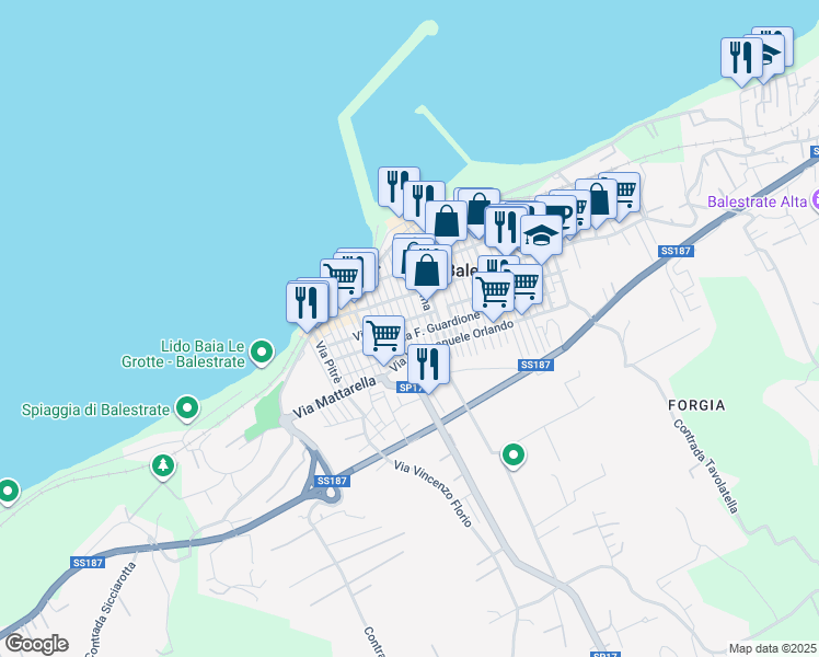 map of restaurants, bars, coffee shops, grocery stores, and more near 53 Via Luigi Capuana in Balestrate-foce
