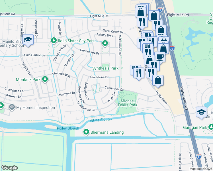 map of restaurants, bars, coffee shops, grocery stores, and more near 5382 Cosumnes Drive in Stockton