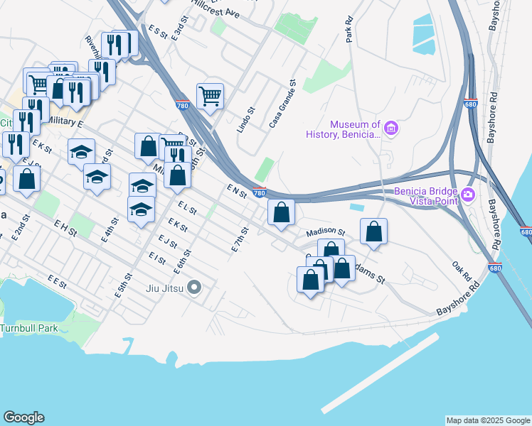 map of restaurants, bars, coffee shops, grocery stores, and more near 1306 East 7th Street in Benicia