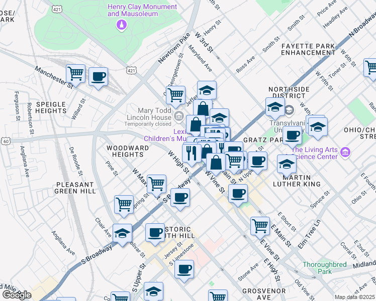 map of restaurants, bars, coffee shops, grocery stores, and more near 430 West Vine Street in Lexington