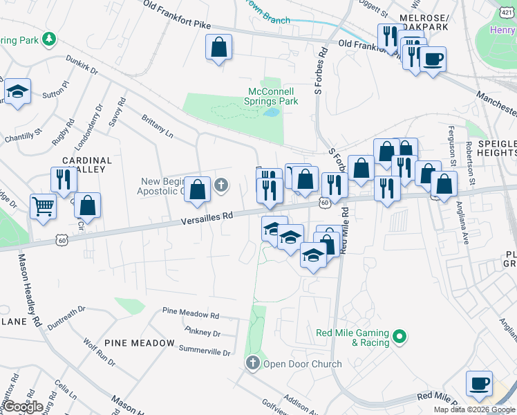 map of restaurants, bars, coffee shops, grocery stores, and more near 1424 Versailles Road in Lexington