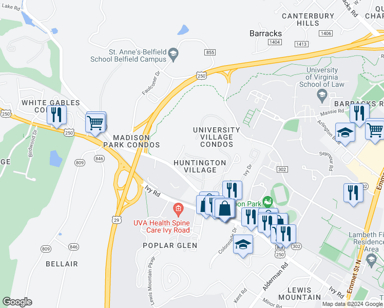 map of restaurants, bars, coffee shops, grocery stores, and more near 228 Harvest Drive in Charlottesville