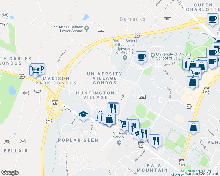 map of restaurants, bars, coffee shops, grocery stores, and more near 566 Crestwood Drive in Charlottesville