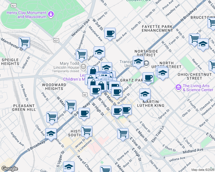 map of restaurants, bars, coffee shops, grocery stores, and more near N Broadway Rd & W Short St in Lexington