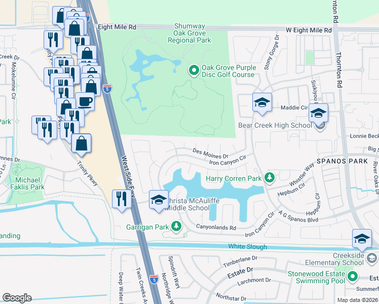 map of restaurants, bars, coffee shops, grocery stores, and more near 3822 Des Moines Drive in Stockton
