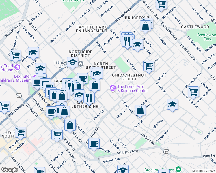 map of restaurants, bars, coffee shops, grocery stores, and more near 364 North Martin Luther King Boulevard in Lexington
