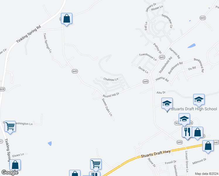 map of restaurants, bars, coffee shops, grocery stores, and more near 24 Provence Drive in Stuarts Draft
